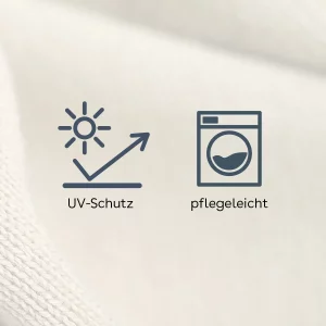 Symbole für UV-Schutz und pflegeleichte Eigenschaften von Merinowolle